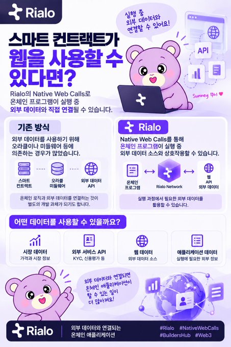 A Korean-language infographic by Rialo explaining how smartphones can use web data through Native Web Calls, featuring a purple bear mascot and diagrams showing external database integration.