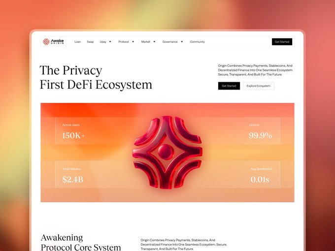 A website homepage for 'Awake' titled 'The Privacy First DeFi Ecosystem' displaying stats of 150K+ Active Users, $2.4B Total Volume, 99.9% Uptime, and 0.01s Avg Settlement, featuring a red 3D logo.
