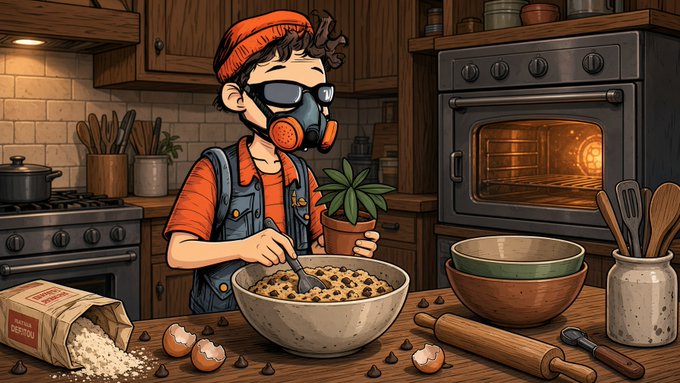 A digital illustration shows a young person wearing a gas mask and a beanie while baking chocolate chip cookies in a rustic kitchen.