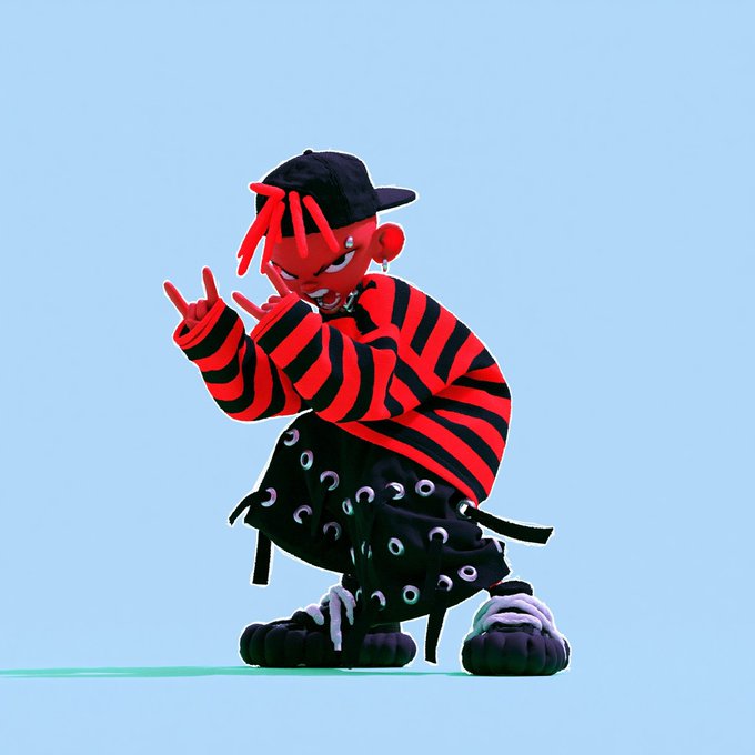 A 3D animated character with red dreadlocks, a black cap, a red and black striped shirt, and black pants with grommets, making a peace sign.