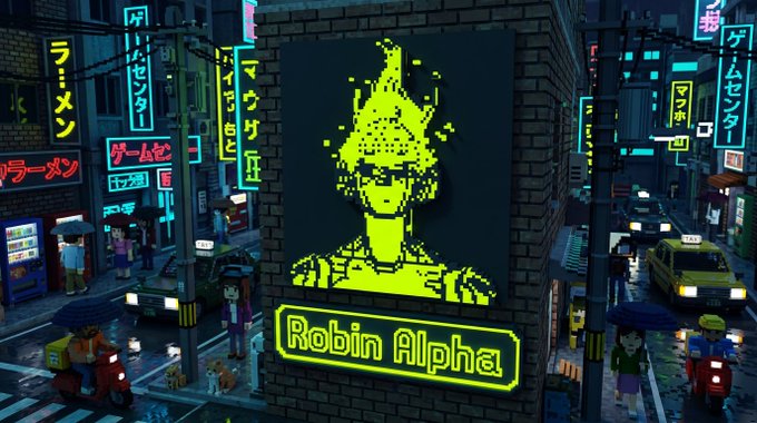 A pixel art-style neon billboard on a city street displays a green character portrait with the text "Robin Alpha," promoting the Robinhood-related NFT collection referenced in the post.