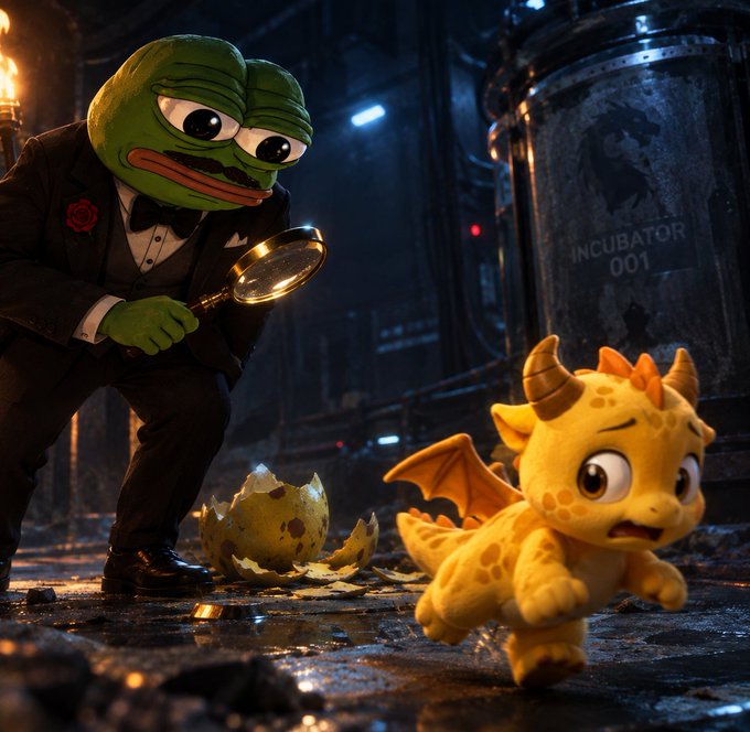 A sharply-dressed Pepe the Frog in a tuxedo examines a cracked, speckled egg with a magnifying glass in a dimly lit industrial lab, while a small golden dragon with orange wings flees from the shell fragments, the background featuring a tank labeled "INCUBATOR 001," bringing to life the diary entry's discovery of a hatched golden dragon and the observer's choice to merely watch rather than intervene.