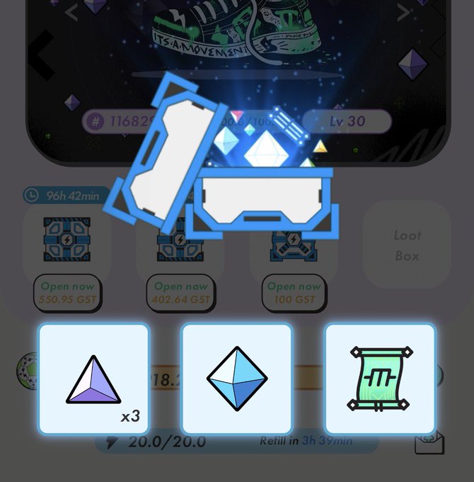 Another mobile game screen featuring a sneaker-themed NFT interface with loots, showing a level 30 walker item and options to open boxes with GST currency.
