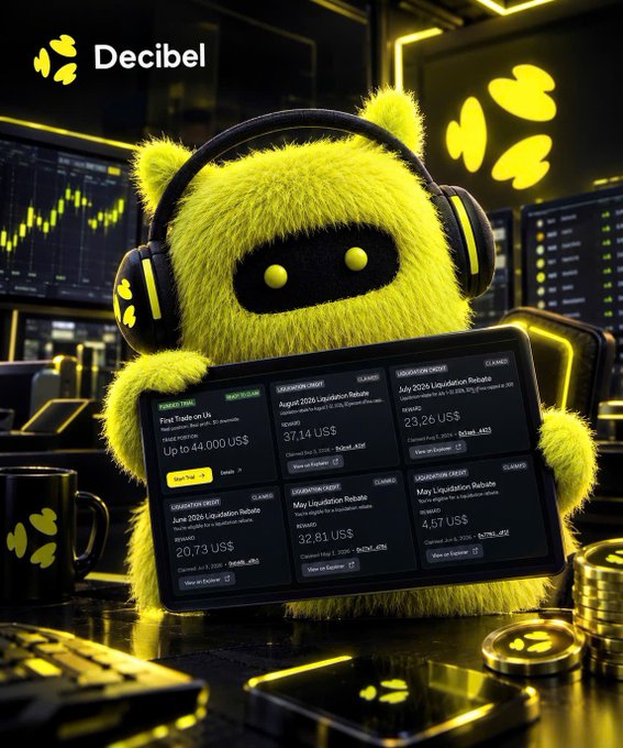 A promotional image for "Decibel" showing a fluffy yellow mascot character wearing headphones and holding a tablet displaying various cryptocurrency liquidation rebates with dollar amounts.