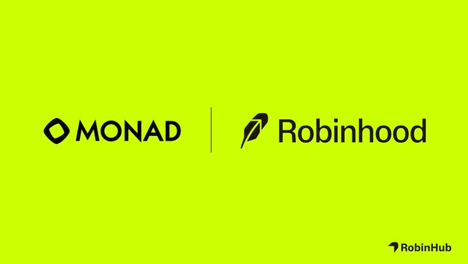 Green graphic displaying the logos for Monad and Robinhood side by side, with a small RobinHub logo in the bottom right corner.