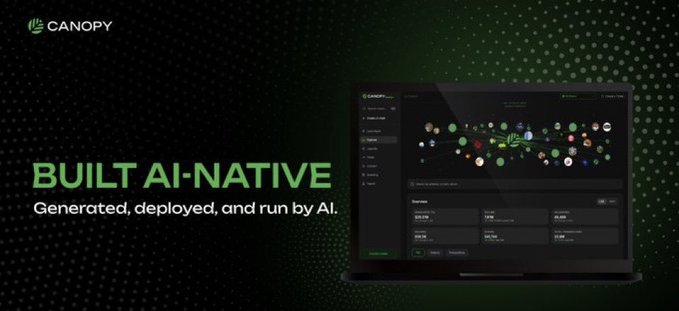 A promotional graphic for Canopy (CNPY) featuring the tagline "BUILT AI-NATIVE — Generated, deployed, and run by AI." alongside a dashboard interface displaying an AI app-generation platform with connected services and revenue metrics, visually reinforcing the post's message about AI-powered, easy-to-build blockchain innovation.