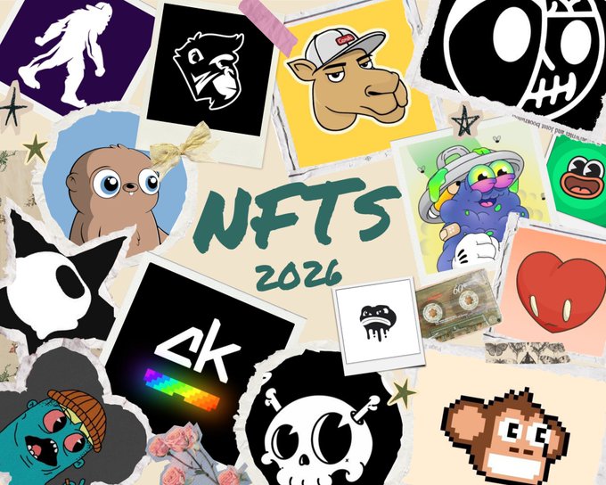 A collage of NFT artwork including characters like a sloth, hippo, and skull, with 'NFTs 2026' text in the center.