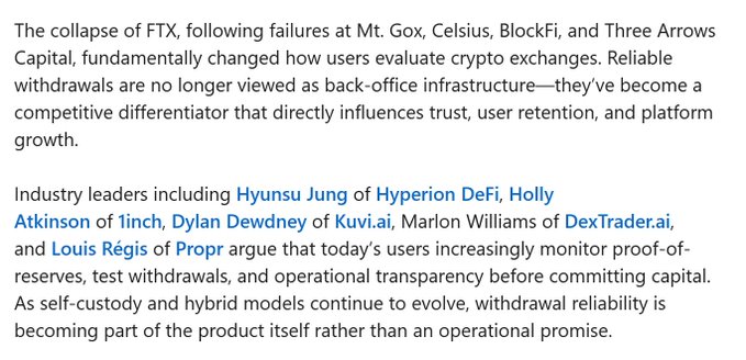 This image contains text discussing how the collapse of FTX fundamentally changed how users evaluate crypto exchanges, emphasizing that withdrawal reliability has become a competitive differentiator. It references industry leaders including Hyunsu Jung of Hyperion DeFi, Holly Atkinson of 1inch, Dylan Dewdney of Kuvi.ai, Marlon Williams of DexTrader.ai, and Louis Régis of Propr, noting that users now monitor proof-of-reserves and test withdrawals before committing capital.

The caption highlights withdrawal reliability as a growth engine for crypto exchanges, directly tying to the accompanying post which celebrates CEO Dylan Dewdney (@dylandewdney) of Kuvi.ai being featured in @FXFinanceFeeds for commentary on why withdrawal reliability has become the real growth driver for the industry.