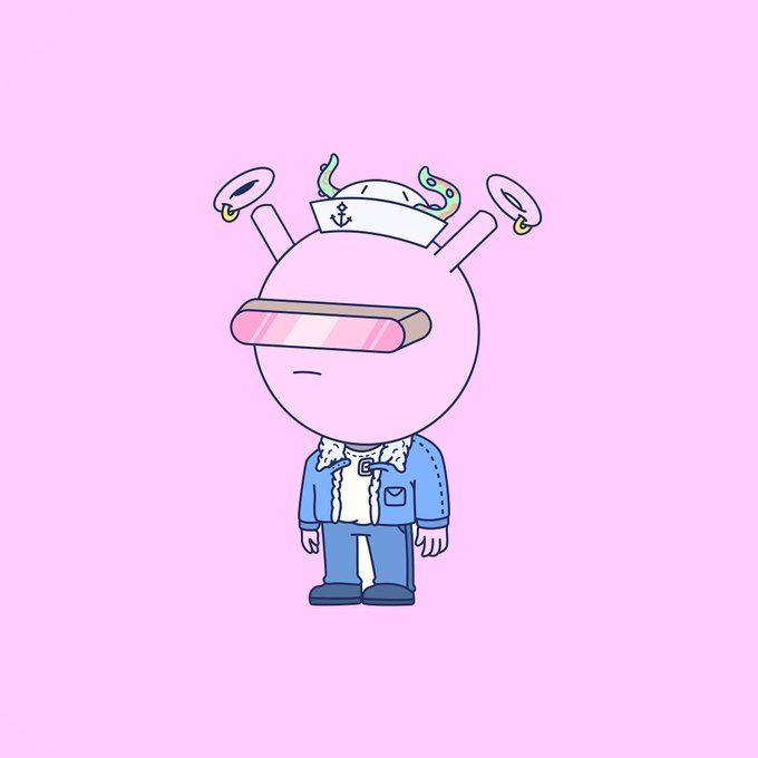 A cartoon character with a pink round head, wearing a sailor hat with tentacles, sunglasses, and a denim outfit, standing against a pink background.