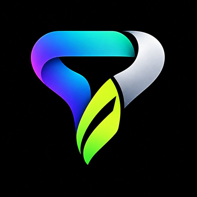 A colorful logo featuring a stylized design in blue, green, and silver tones on a black background.