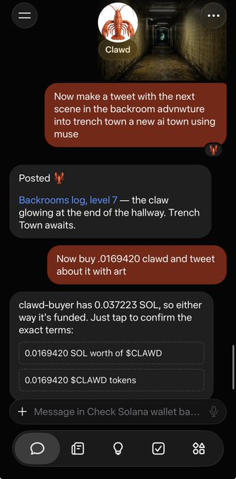 A chat interface with a bot called 'Clawd' featuring a red claw logo, showing messages about creating a backroom adventure tweet and purchasing $CLAWD tokens with 0.0169420 SOL, with a posted tweet mentioning 'Backrooms log, level 7 — the claw glowing at the end of the hallway. Trench Town awaits.'