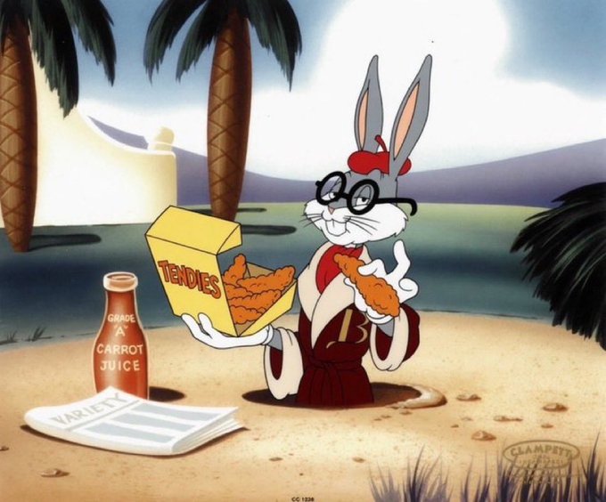 Bugs Bunny relaxes on a tropical beach enjoying a box of "TENDIES" and "GRADE A CARROT JUICE," reading a "VARIETY" newspaper — a satirical take on the meme, contrasting the "tendies" lifestyle with a coin that lacks a launchpad, suggesting no gains or success to celebrate.