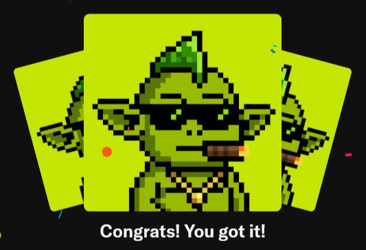 A pixel art green goblin wearing sunglasses and holding a cigar, with the text 'Congrats! You got it!' displayed below.