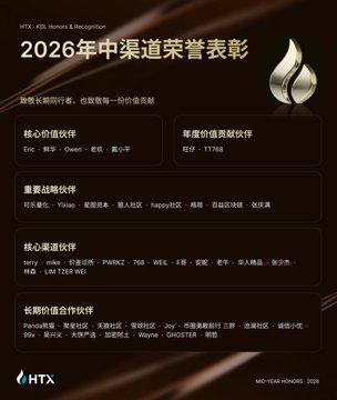 The image displays an HTX Mid-Year Honors awards graphic for 2026, featuring categories with Chinese text and partner names including Eric, TT768, 麦当劳 (McDonald's), 宝宝巴士 (BabyBus), Yliso, 蒙思未来, PokMoon, LM, Panda, Joy, ZRX, and GHOTEE. The colorful trophy and "HONORS AWARDS" text celebrate ecosystem partners like liquidity providers, developers, and community members referenced in the accompanying gratitude message about building alongside HTX through market cycles.