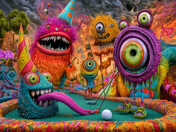 A colorful, surreal digital illustration depicts various whimsical monsters with large eyes and teeth in a vibrant landscape, with one creature playing mini-golf on a green turf.