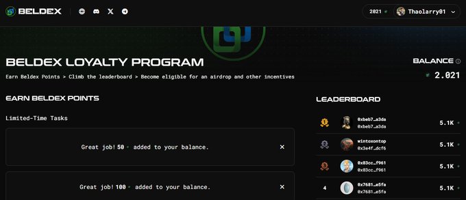 Screenshot of the 'BELDEX LOYTHY PROGRAM' dashboard showing a user balance of 2,021 Beldex Points, earned points notifications, and a leaderboard ranking users with 5.1K points each.