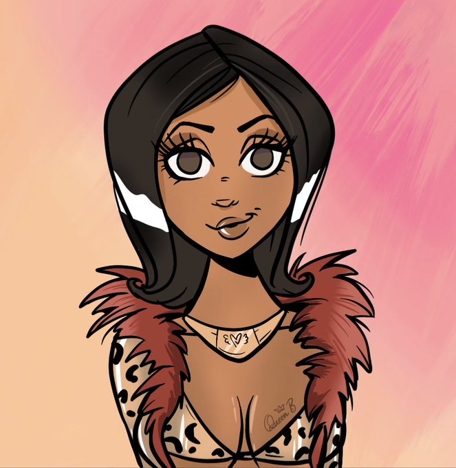 A digital illustration shows a stylized woman with long black hair, brown eyes, and a lip piercing, wearing a fur-collared jacket over a patterned top, with a small tag reading 'EM' near her neckline.