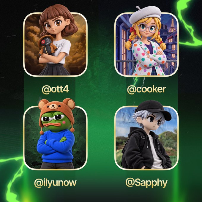 Four stylized character avatars arranged in a 2x2 grid on a green background with usernames "@ott4," "@cooker," "@ilyunow," and "@Sapphy," promoting new "GOAT" launches on the Pumpfun mobile app, featuring "@ottabag, @CookerFlips, @ilyunow, and @sapphycrypto."
