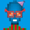 A pixel art character with red glasses and a small party hat stands against a blue background.
