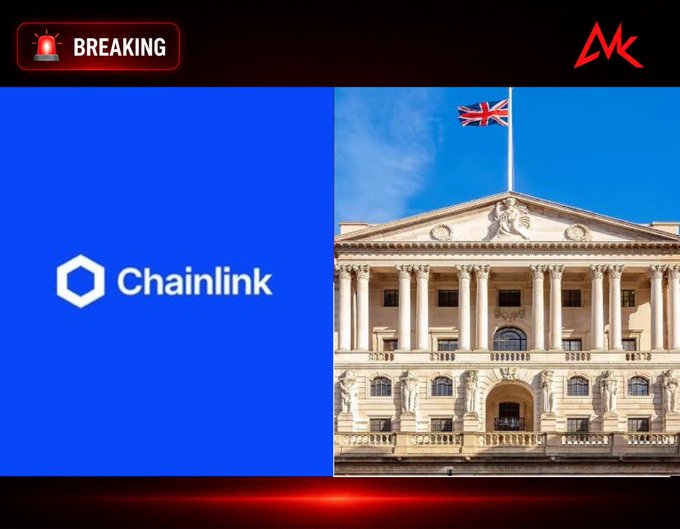 A news graphic showing the Chainlink logo next to the Bank of England building with a UK flag, marked with a red 'BREAKING' alert banner and 'MK' logo.