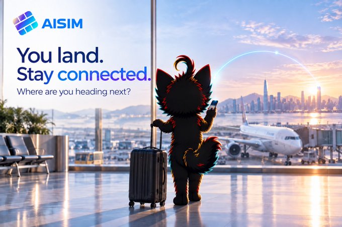 An advertisement for 'AISIM' shows a furry creature holding a suitcase and smartphone overlooking an airport runway at sunset, with text 'You land. Stay connected. Where are you heading next?'