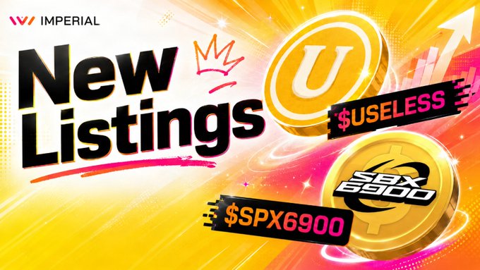 A vibrant promotional banner from Imperial announces new listings of $USELESS and $SPX6900, featuring bold graphics with a gold "U" coin and an upward arrow, with the tagline "New Listings" and "SBX6900" branding, tying into the post's celebration of meme coins returning with up to 3x leverage.