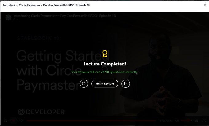 A YouTube video titled 'Introducing Circle Paymaster – Pay Gas Fees with USDC | Episode 18' shows a 'Lecture Completed!' overlay indicating the user answered 9 out of 10 questions correctly, with a 'Finish Lecture' button below.