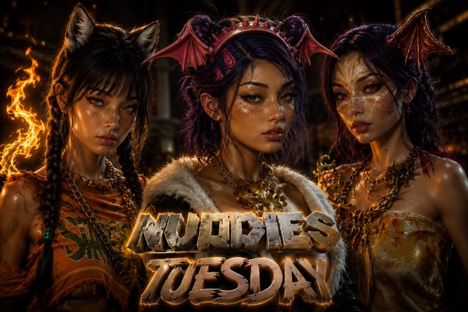 Promotional artwork titled 'Muddies Tuesday' featuring three stylized female characters with bat and cat ears against a fiery backdrop.