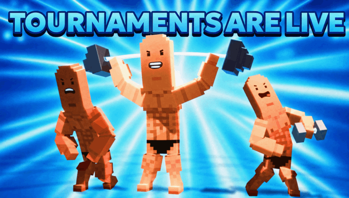 A promotional graphic with the text 'TOURNAMENTS ARE LIVE' featuring three muscular, voxel-style wooden figures in fighting poses against a blue radial background.