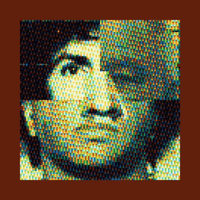 A highly pixelated, mosaic-like portrait of a face rendered in contrasting blocks of yellow, green, and dark tones against a solid brown background.
