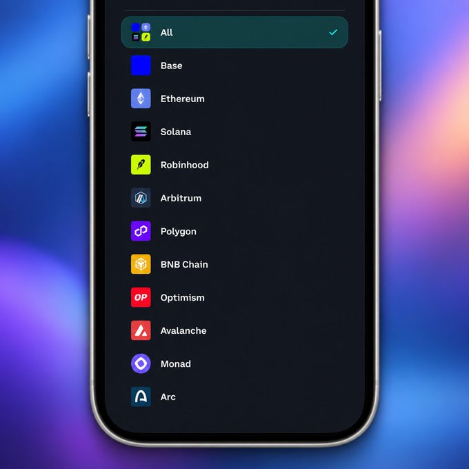 A smartphone screen displaying a list of blockchain networks including Base, Ethereum, Solana, Robinhood, Arbitrum, Polygon, BNB Chain, Optimism, Avalanche, Monad, and Arc.