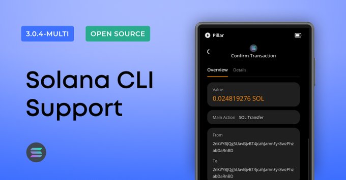 The image showcases Keystone's V3.0.4 update announcement featuring "Solana CLI Support," displaying a screenshot of the Pillar wallet's "Confirm Transaction" screen for a SOL Transfer of 0.024819276 SOL from one wallet address to another. The visual highlights the offline transaction verification feature mentioned in the post, showing how developers can review transaction details on Keystone's secure screen before signing with their private keys kept offline.