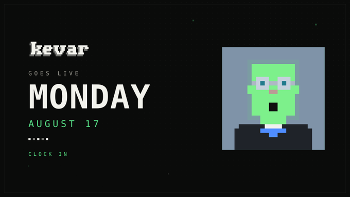 The image is a promotional graphic announcing "kevar goes live MONDAY AUGUST 17 — CLOCK IN," featuring a pixelated green zombie-like character in a suit against a black background. It serves as a teaser for the $KEVAR token launch, aligning with the post's announcement of the Monday debut coinciding with the Stonk Launcher opening.
