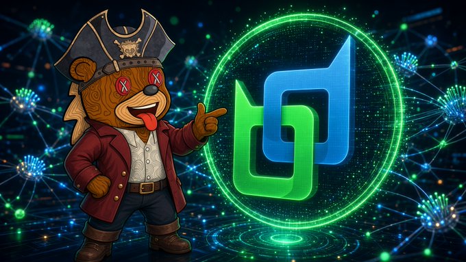 A cartoon bear dressed as a pirate with X-shaped eyes points at a glowing green and blue logo surrounded by a digital network background.