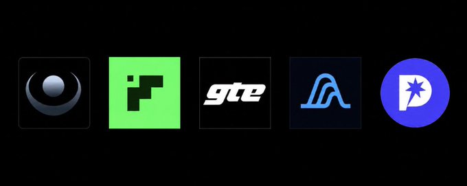 A row of five app icons on a black background, featuring logos including a crescent moon design, a green 'r' shape, 'gte', a stylized 'A', and a blue circle with a star.