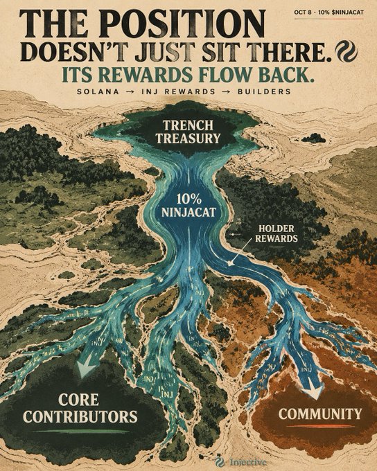 An illustrated poster about Solana and INJ rewards shows flowing blue channels labeled “TRENCH TREASURY,” “CORE CONTRIBUTORS,” “COMMUNITY,” and “HOLDER REWARDS.”