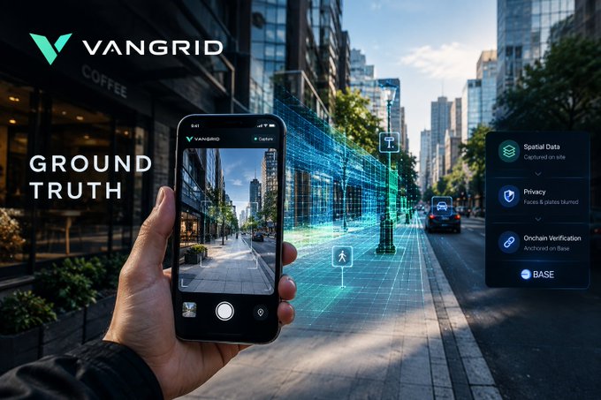 Promotional graphic for VANGRID featuring a hand holding a smartphone displaying an AR camera view over a city street, labeled with 'GROUND TRUTH' and features including 'Spatial Data', 'Privacy', and 'Onchain Verification' on the BASE network.