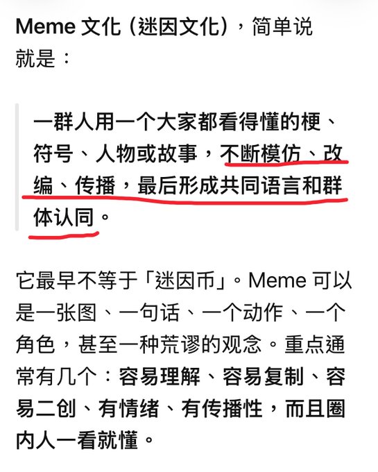 Chinese text explaining Meme culture, defining it as a group of people using easily understood memes, symbols, characters or stories that are continuously imitated, modified, and spread to form a common language and group identity.