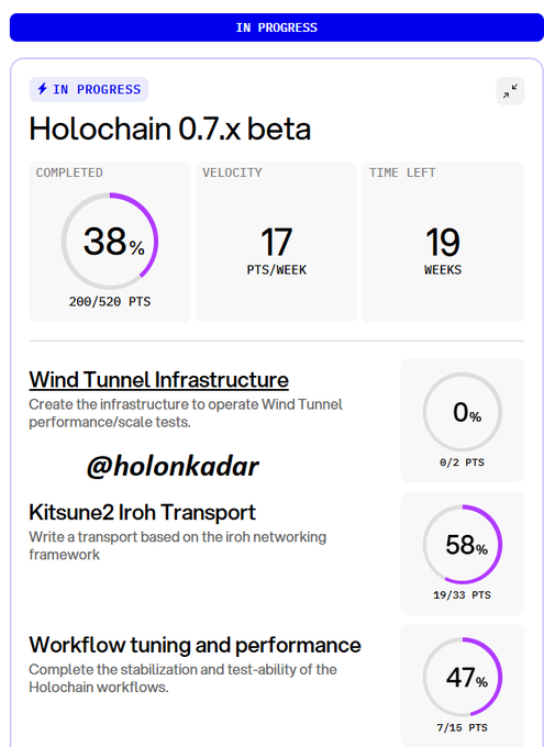 A progress dashboard titled "Holochain 0.7.x beta" shows 38% completion (200/520 points) with a velocity of 17 points/week and 19 weeks remaining, listing sub-tasks like Wind Tunnel Infrastructure (0%), Kitsune2 Iroh Transport (58%), and Workflow tuning and performance (47%). The image illustrates the post's criticism of Holochain's ($HOT) stalled progress, highlighting that the timeline has extended from the originally promised 11 weeks to 19 weeks with minimal advancement.