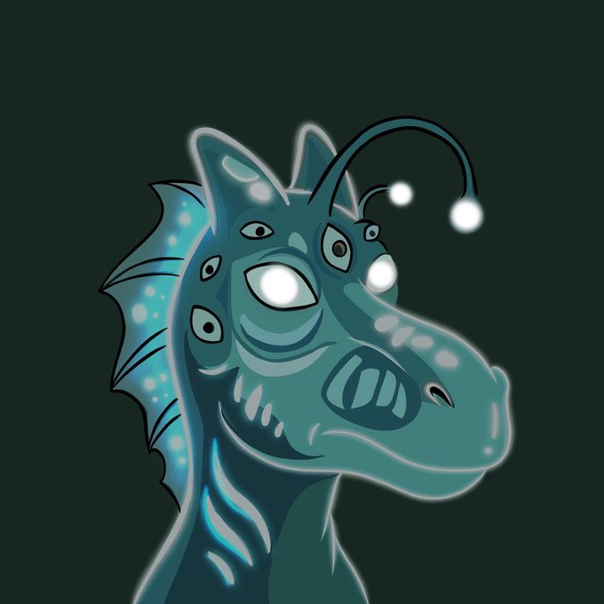 The image features a cartoon depiction of a green dinosaur with blue eyes, giving it an alien appearance. The dinosaur has a long neck and appears to be looking off into space or staring directly at the camera. The background is dark, which contrasts with the vibrant colors of the dinosaur's body and face. There are no texts present in the image, but there is a caption that reads "gm gm First 10 addy for @bonkonft gtd and next 25 for fcfs." This suggests that the image might be part of a social media post or a digital artwork where the dinosaur's unique features have been highlighted.