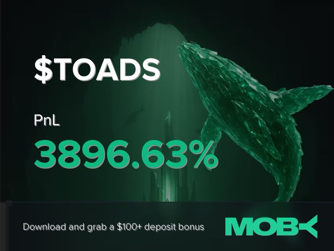 A promotional graphic from Moby features a crystalline green whale alongside "$TOADS" and a striking PnL of 3896.63%, highlighting the trader that locked in massive gains on the trending token.
