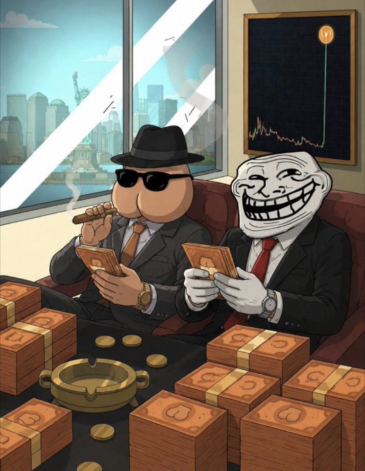 Cartoon illustration of two characters in suits and hats (one resembling Pepe the Frog) sitting at a table covered in stacks of cash and coins, with a chart showing a single peak on the wall behind them.