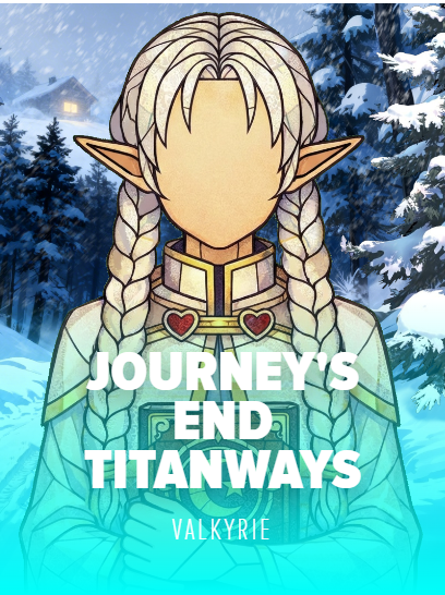 A faceless elf-like character with long white braids stands against a snowy mountain backdrop, with overlaid text reading "JOURNEY'S END TITANWAYS" and "VALKYRIE," promoting a new game from @ValkyrieXStudio as part of a giveaway for followers.