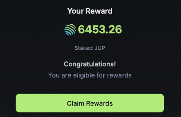 A "Your Reward" screen displays **6,453.26 Staked JUP** with a congratulatory message confirming eligibility and a green "Claim Rewards" button. The image illustrates the final step of the Jupiter Q2 ASR rewards claim process described in the post, showing the reward amount available to users who staked JUP during Q2.