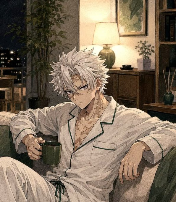 A white-haired anime character in pajamas relaxes on a couch holding a mug in a warmly lit room. The image reflects a cozy, intimate "good morning" vibe—contrasting the post's theme of AI independence and ownership by presenting a peaceful, self-contained moment of solitude.
