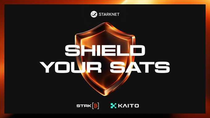 A promotional banner for STARKNET displays 'SHIELD YOUR SATS' in white text overlaid on a glowing orange shield against a dark background, with STARKNET and KAITO branding below.