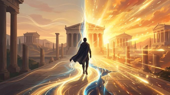 The image features an illustration of a man walking through a city with buildings and columns surrounding him. The scene appears to be set during sunset, creating a warm and atmospheric atmosphere. In the background, there are two different scenes depicted - one showing a building engulfed in flames, while the other shows a building with a bright light shining from it. This contrast between destruction and illumination adds depth and intrigue to the image.