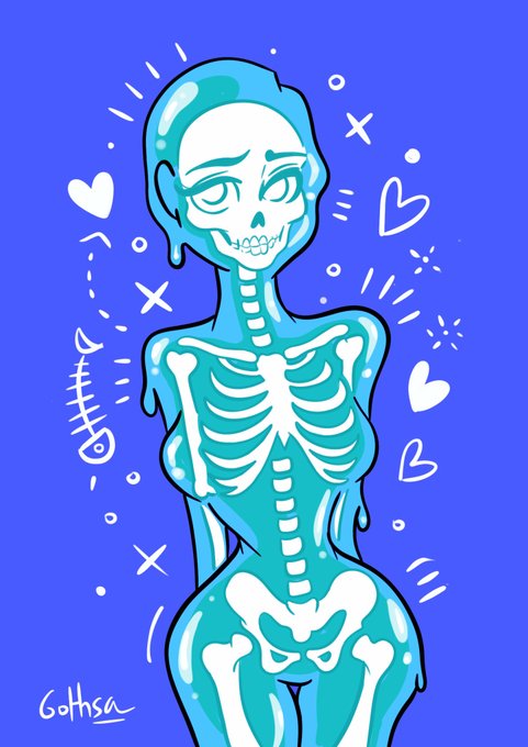 A vibrant blue illustration of a skeleton figure with visible ribs and spine, surrounded by doodles of hearts, X's, and dots, signed 'Gothsa' in the corner.