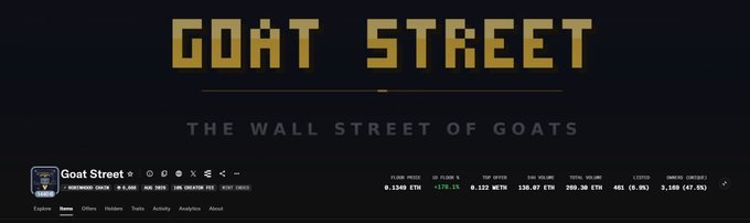 The image shows a banner for "GOAT STREET" described as "THE WALL STREET OF GOATS," displaying real-time cryptocurrency/NFT market statistics with ETH prices ($1,549 ETH, -0.2%, 0.132 WETH) and a trading volume of 269.30 ETH across 461 holders. The banner relates to the post's mention of CashmereLabs' NFT project, likely showcasing the GOAT STREET platform's market metrics during a bullish NFT season where entry prices ranged from 0.05ETH to 0.134ETH ($340).