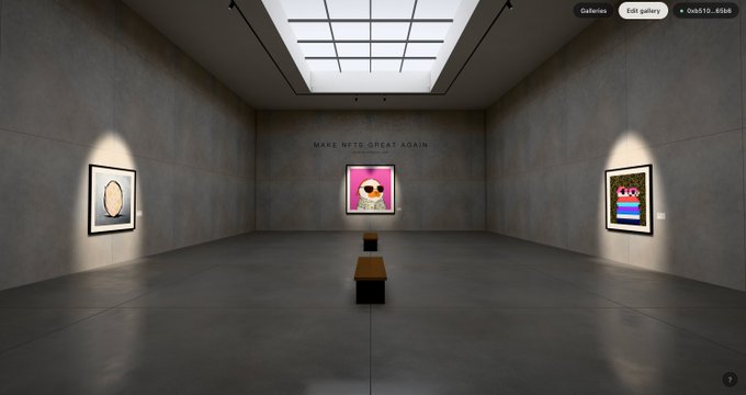 A screenshot of a 3D virtual art gallery titled "MAKE NFTS GREAT AGAIN," displaying three digital artworks including a pink teddy bear piece in the center, with editing options visible at the top right.